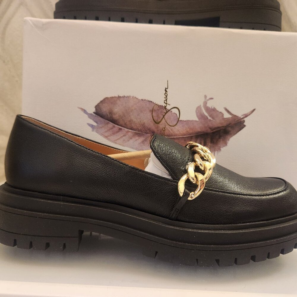 Jessica Simpson Black Leather "Disila" Platform Chain Loafers. NIB. Size 7.5